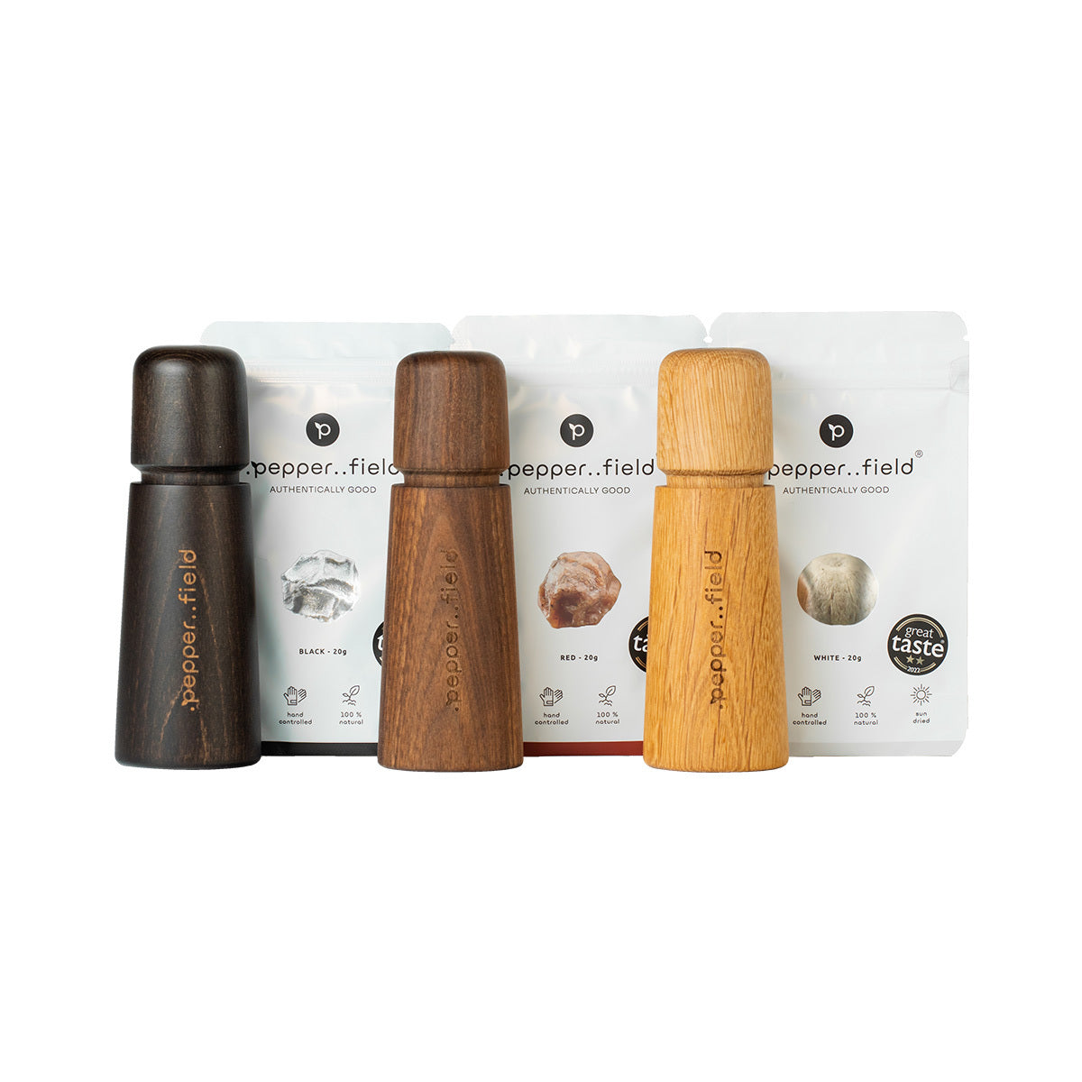 Ensemble de moulins à poivre scandinaves (17 cm) + PACK DE DÉMARRAGE (3x20 g)