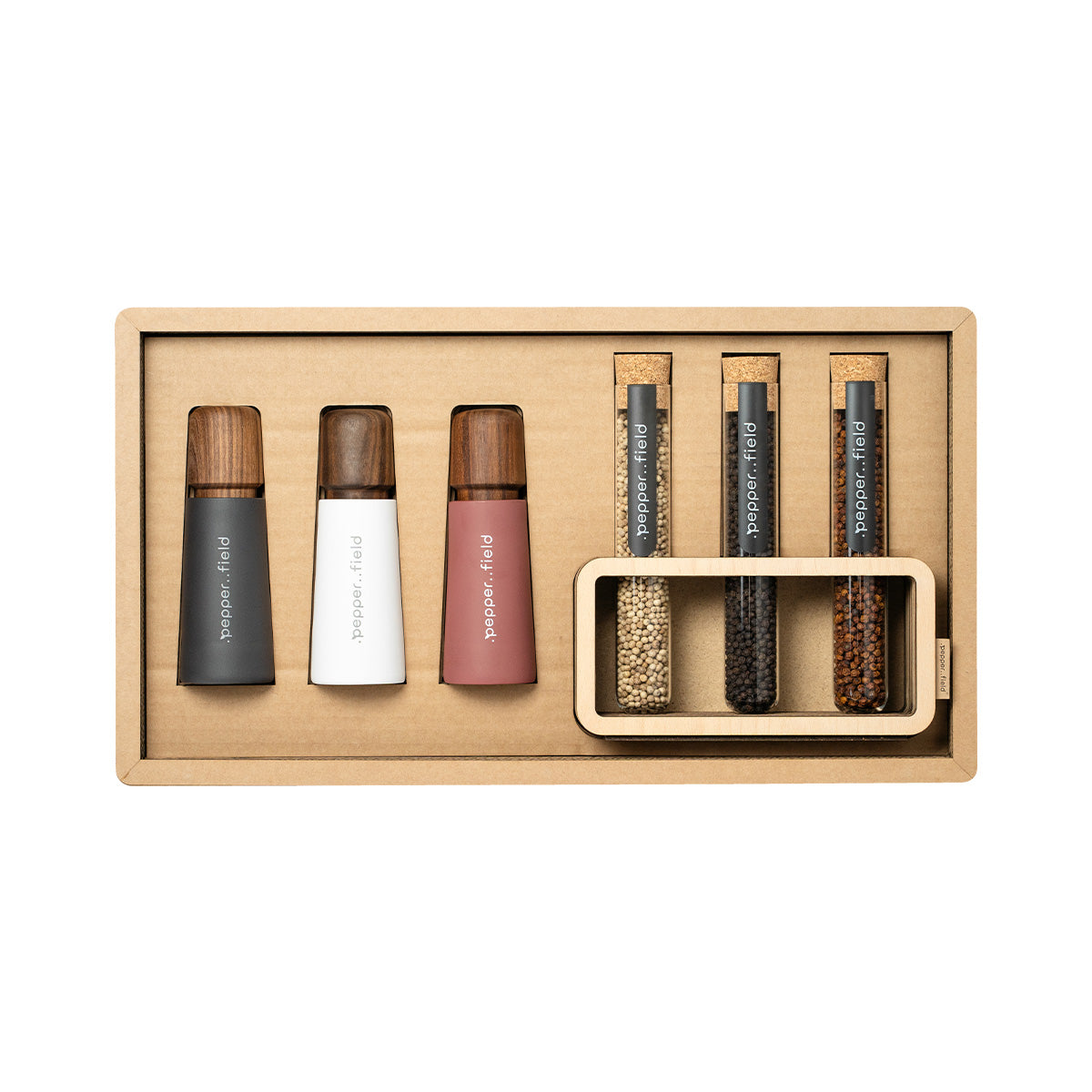 Coffret cadeau de luxe en carton recyclé avec 3 moulins et du poivre de Kampot 3x70 g en tubes avec support