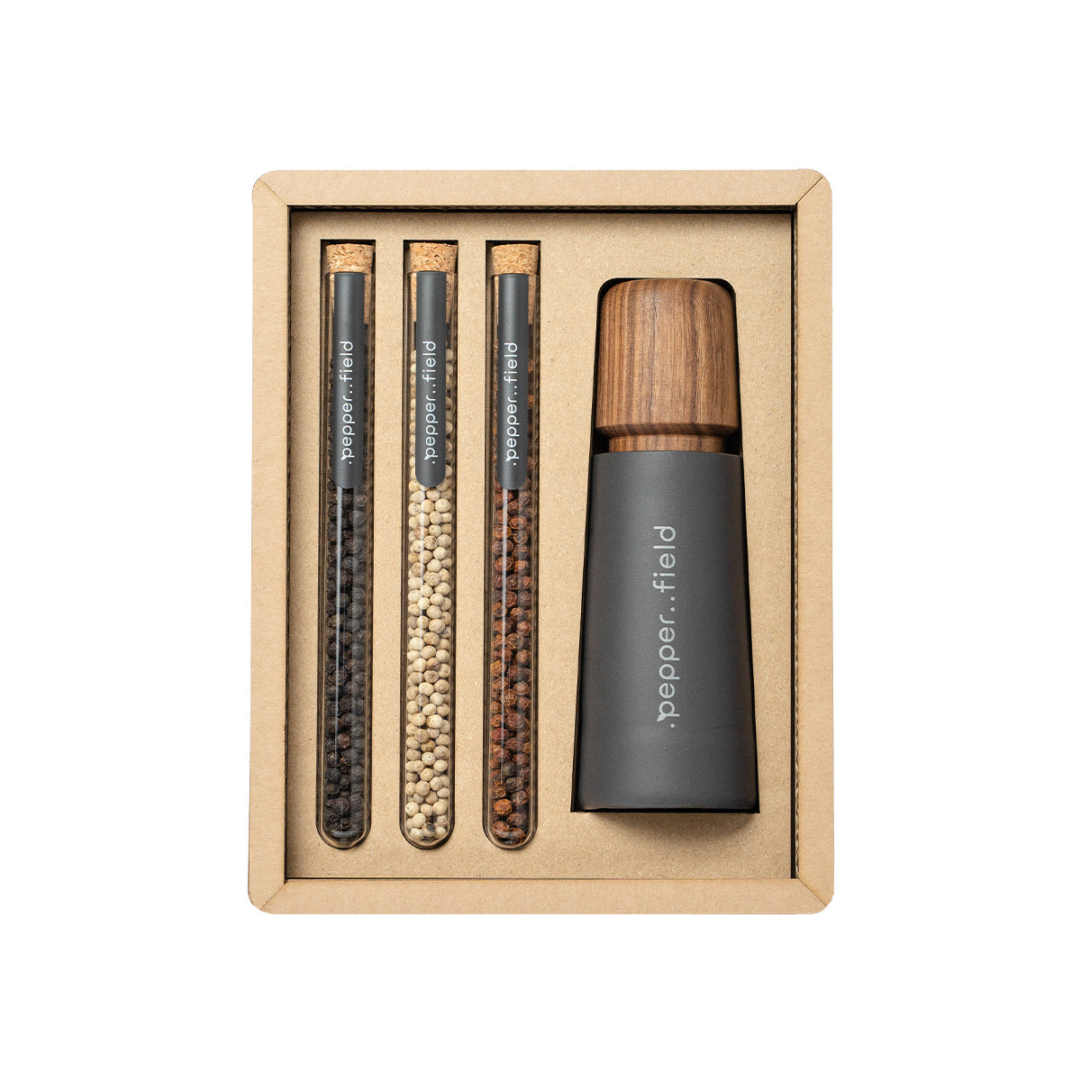 Moulin scandinave avec un ensemble de tubes à essai contenant du poivre de Kampot dans une boîte cadeau en carton (3x10 g)