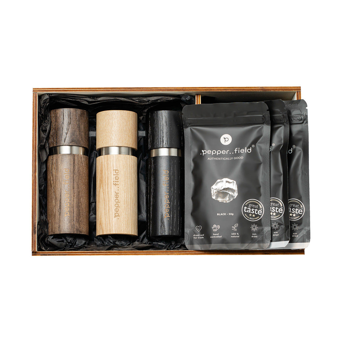 Poivre de Kampot - ensemble de 3 moulins et 3 doypacks (3x50 g) dans un énorme coffret cadeau