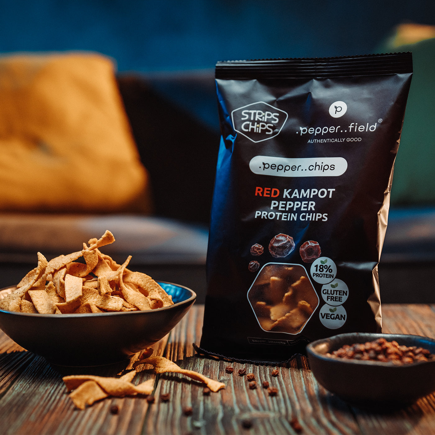 Proteinové chipsy s červeným Kampotským pepřem