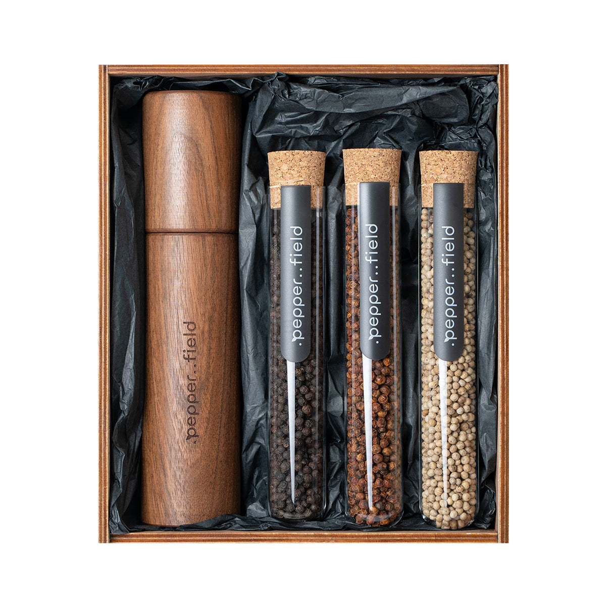 Set premium DARK avec moulin tchèque de 25 cm + 3x70 g de poivre de Kampot dans un pot en verre tchèque